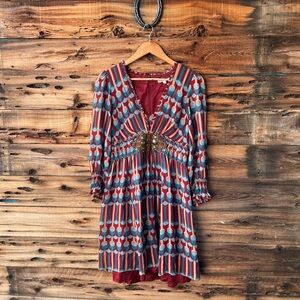 NANETTE LEPORE | 100% Silk Rust & Teal Printed Long-Sleeve Boho Dress 8
